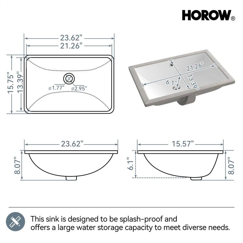 HOROW 23.6 in. Rectangular Undermount Glazed Ceramic Bathroom Sink in White with Integrated Overflow