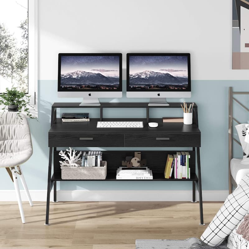 47 Inch Computer Desk with Drawers and Storage Monitor Hutch Shelf