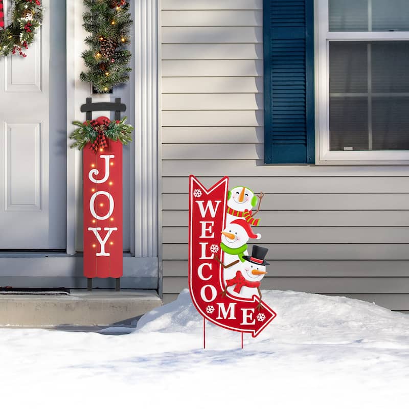 Glitzhome 35.75"H Metal Christmas Snowmen Arrow Welcome Yard Stake - Multi