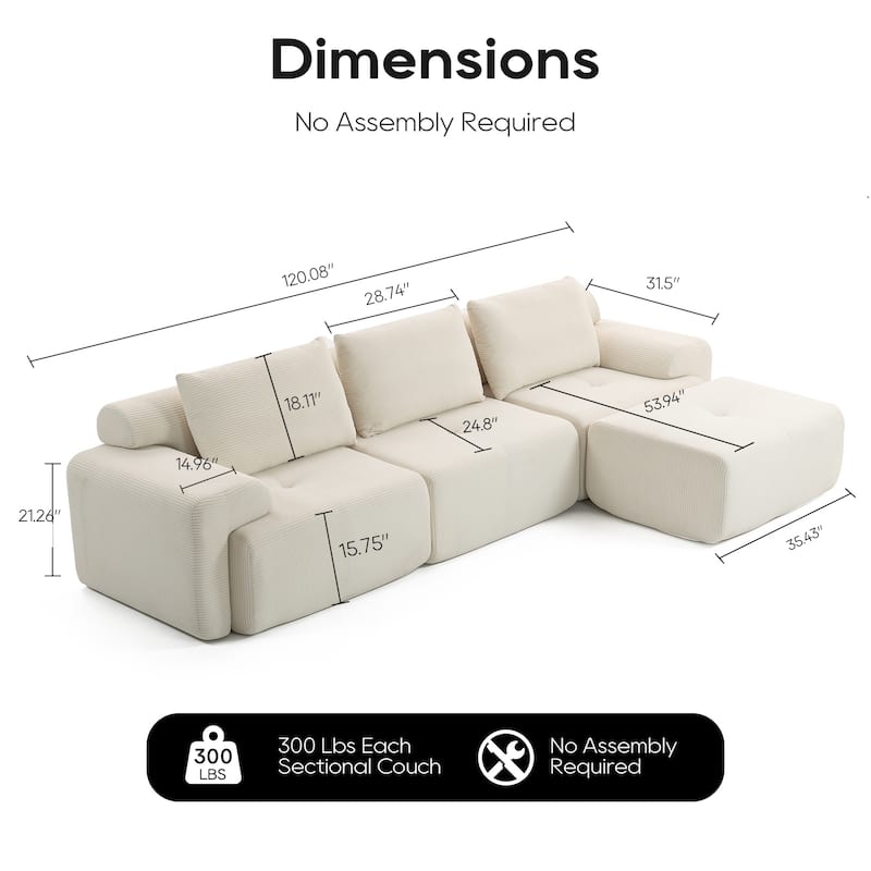 L-Shaped Convertible Sectional Sofa Bed - Memory Foam Cushions & Steel Frame, No Assembly Corduroy Sofa for Apartments