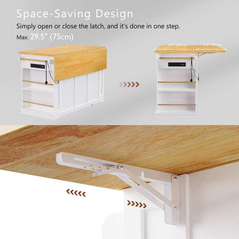 53" Kitchen Island with Drop Leaf,Rolling Kitchen Cart on 5 Wheels withDrawers, Power Outlet and Open Side Racks for Kitchen