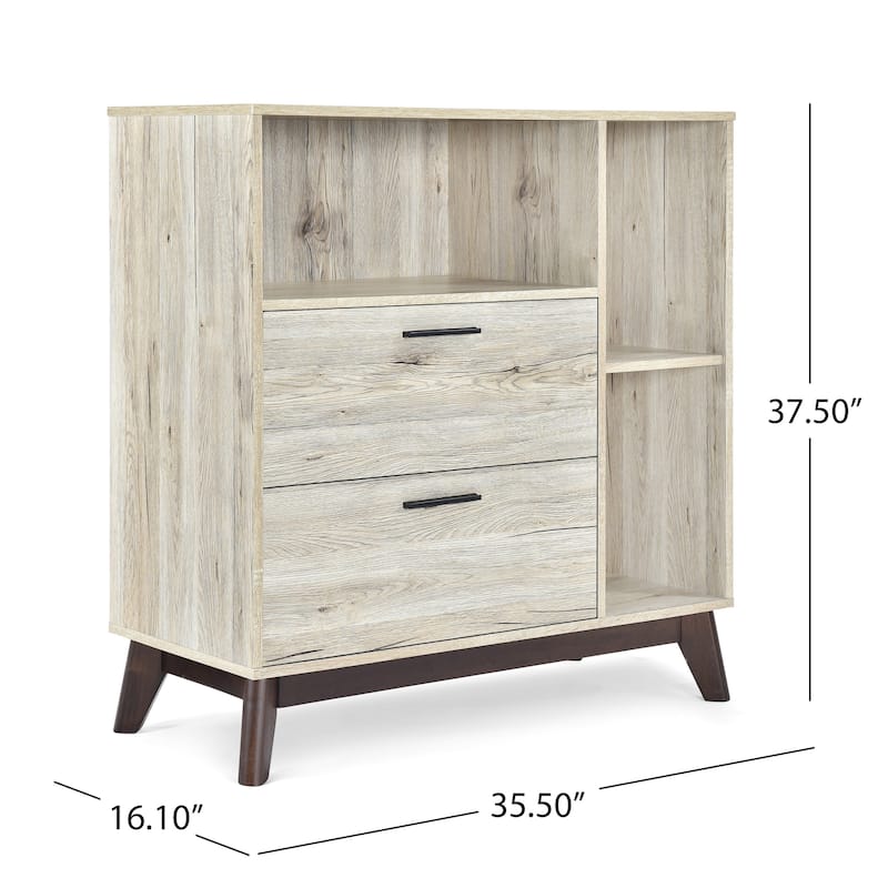 Roomfitters Mid-Century Modern Storage Cabinet with Two Drawers and Open Shelves, Wood Grain Finish