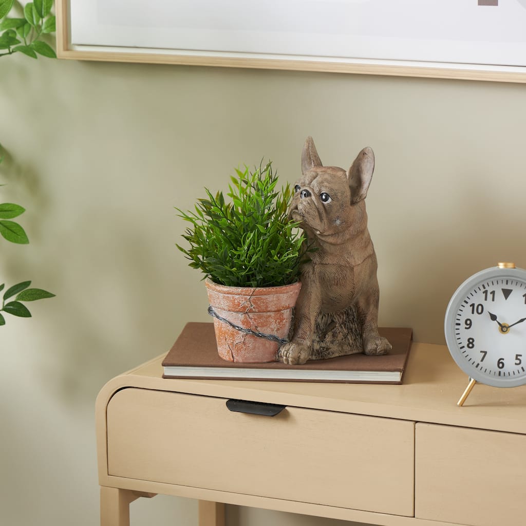 Brown Resin Textured Dog Indoor Outdoor Planter with Antique Pot - 8"W x 10"L x 11"H