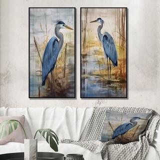 Designart "Blue Heron By The Watersite Watercolor I" Animals Framed Wall Art Set Of 2 Canvas Set For Living Room Decor