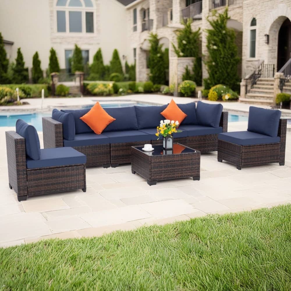 7-PC Wicker Patio Conversation set with Coffee Table and Cushions