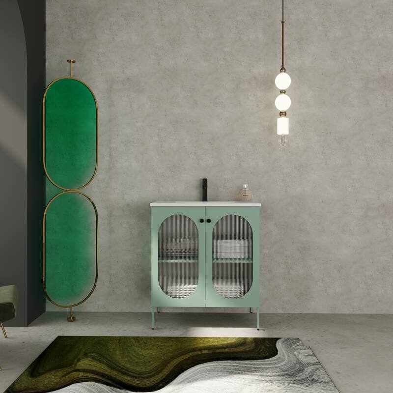Modern Freestanding Bathroom Vanity with Adjustable Shelves, Ceramic Sink, Acrylic Door, and Metal Handles - 30in L Steel - Mint Green