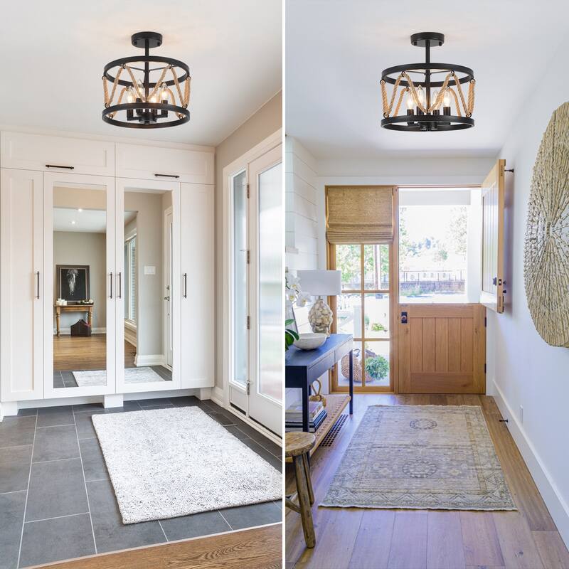 4-Light Hemp Rope Semi- Flush Mount with No Bulbs Included