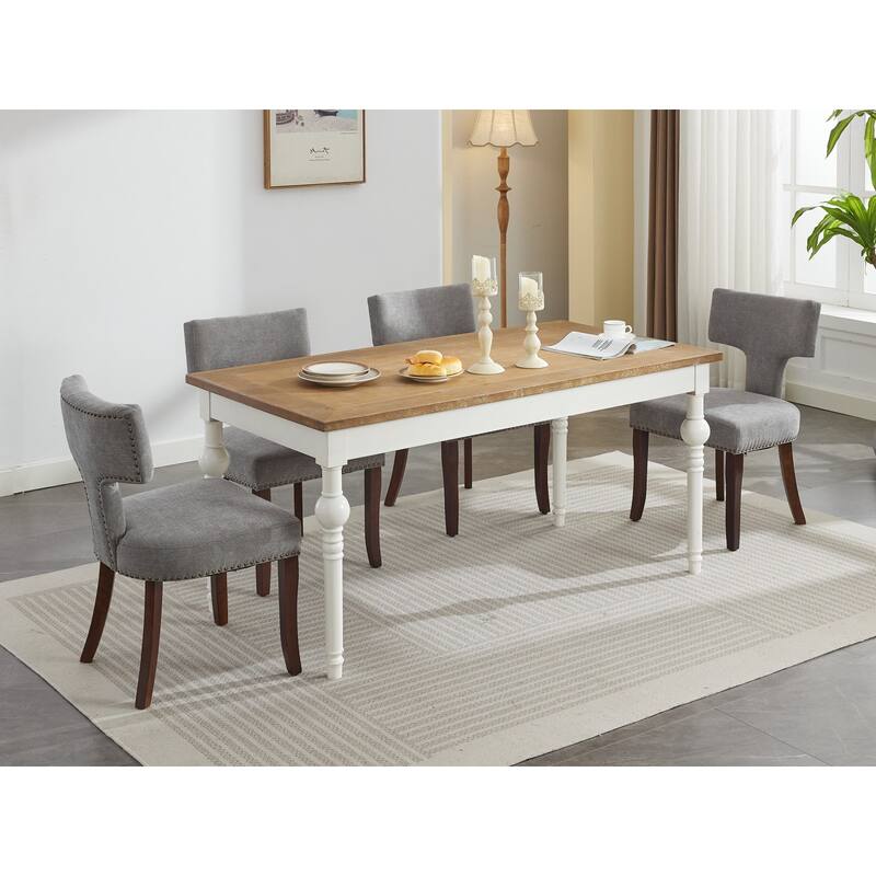 Modern Dining Chairs Set of 2, Linen Fabric Upholstered Accent Chair Curved Backrest Kitchen Chairs with Rubberwood Frame