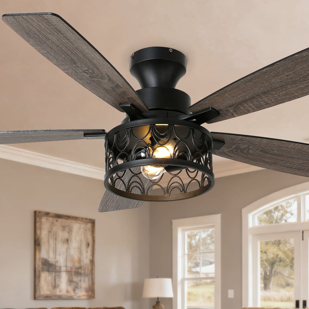 Bella Depot 52" Black Industrial Flush Mount Ceiling Fan with Light and Remote DC Motor Reverible