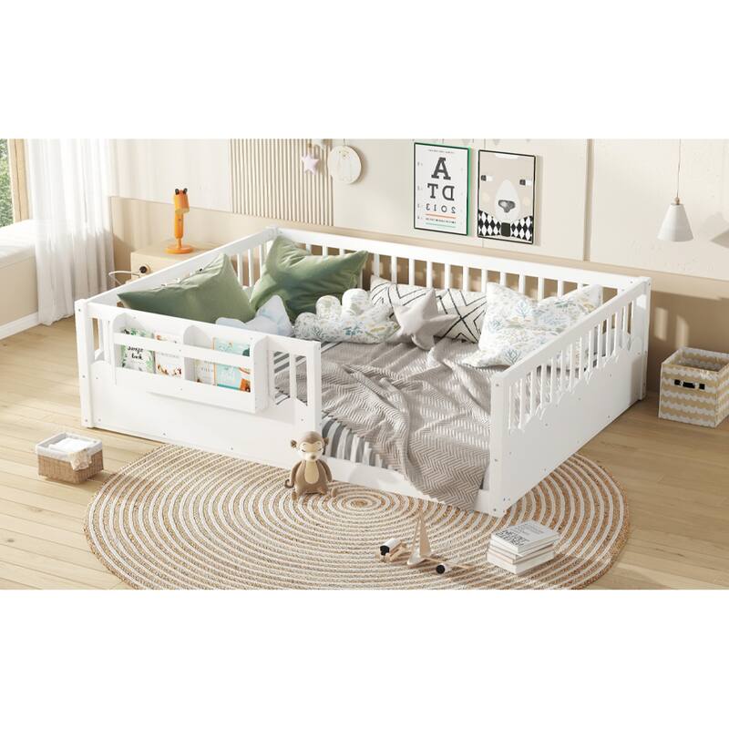 Roomfitters Queen Floor Bed with Bookshelf and Heightened Fence, Solid Wood Frame with Guardrails