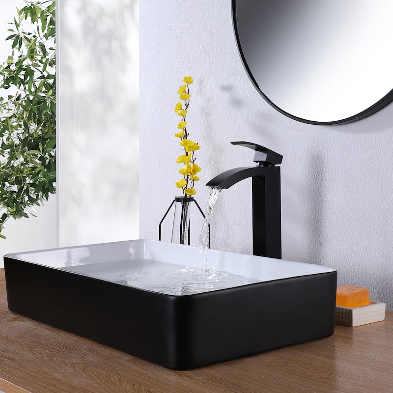 Rbrohant Single Handle Bathroom Vessel Sink Faucet, Waterfall Single Hole Basin Faucets - Matte Black