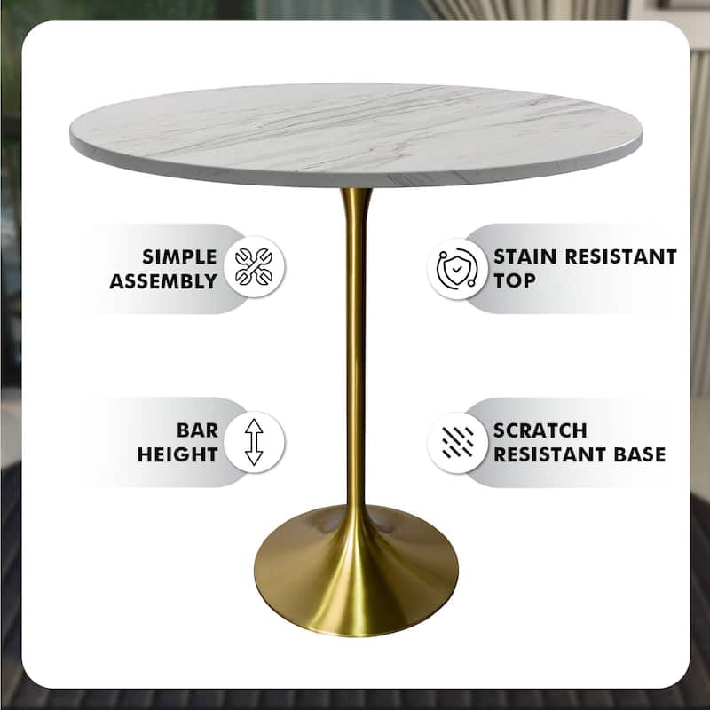 LeisureMod Verve Round Bar Dining Table with White Resin TableTop and Gold Steel Base for Kitchen & Dining Room