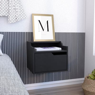 Modern Floating Nightstand , End Table, Side Table Single-Drawer Design with Sleek Two-Tiered Top Shelf Surfaces- Black