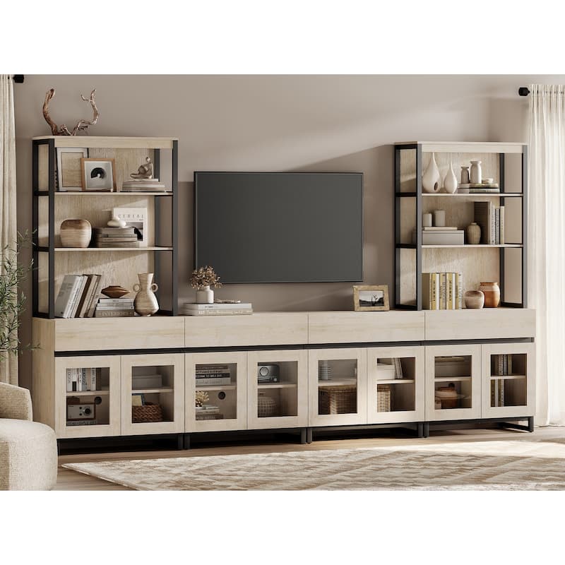 Modern TV Stand with 3 Tiers Bookshelf,Wooden Media TV Console with Glass Doors for Living Room - Beige - 126 inches