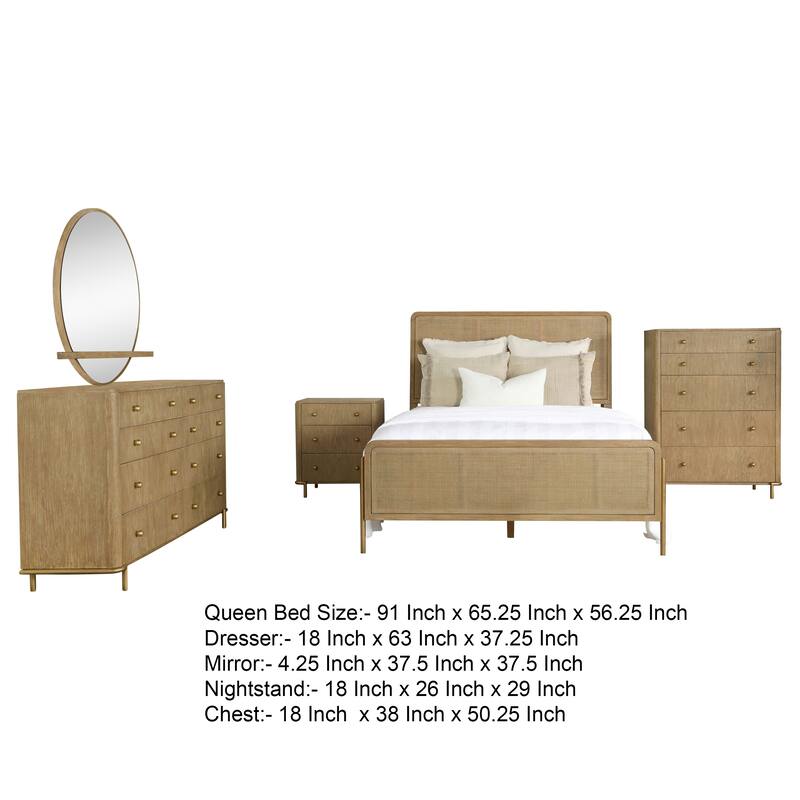 Fij 5pc Queen Bedroom Set w Round Dresser Mirror, Sand Brown, Rattan