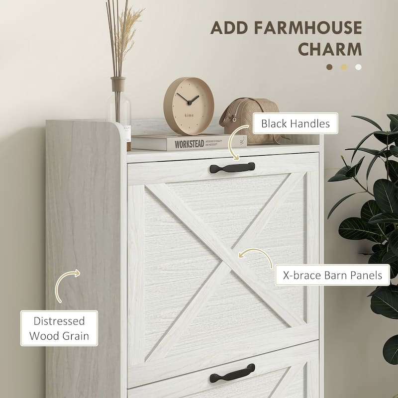 Slim Shoe Cabinet, Farmhouse Hidden Shoe Storage Cabinet with 2 Flip Drawers and Adjustable Shelves for 8 Pairs of Shoes