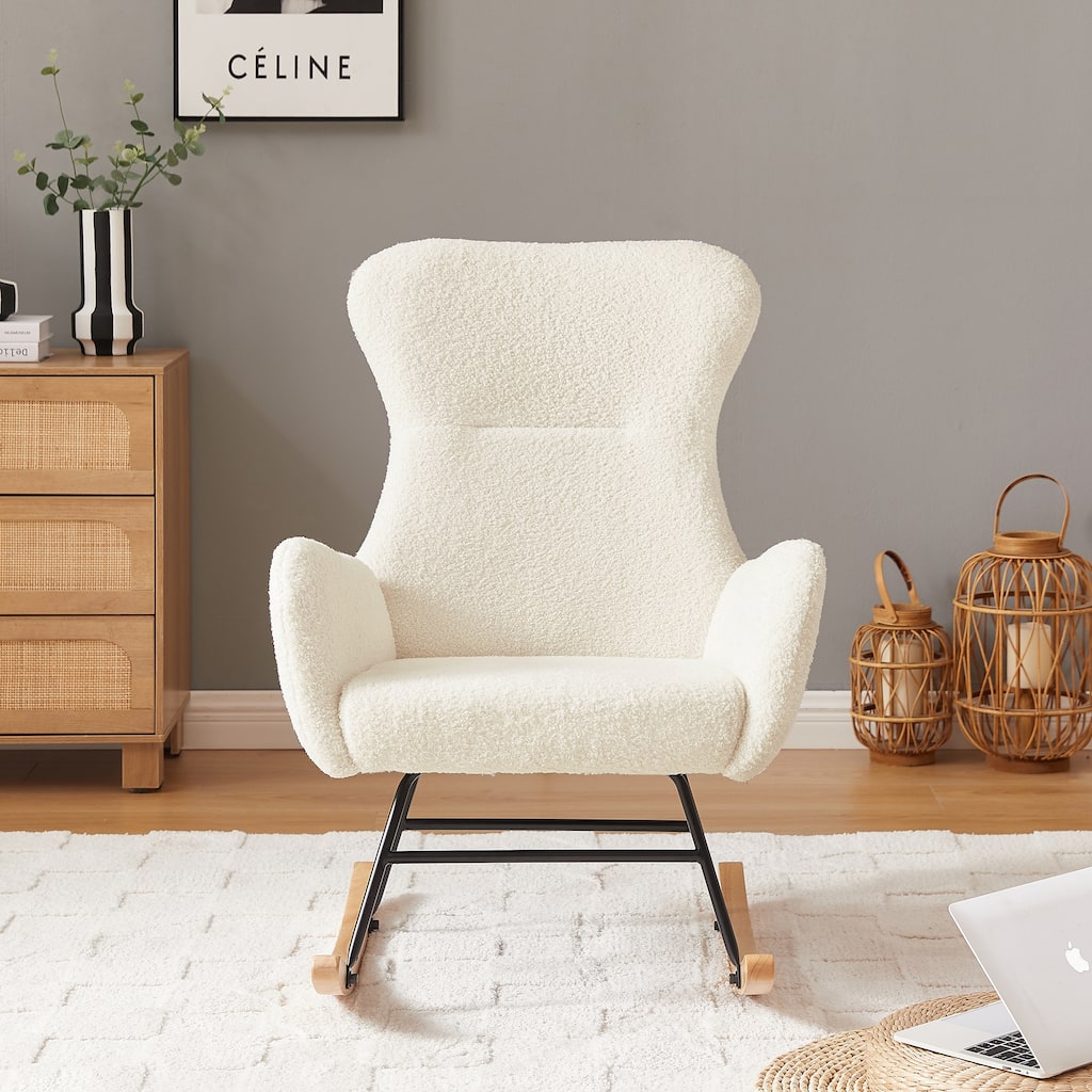 Teddy Fabric Rocking Chair with Pockets: Off-White Teddy Fabric, Comfortable Nursery Furniture