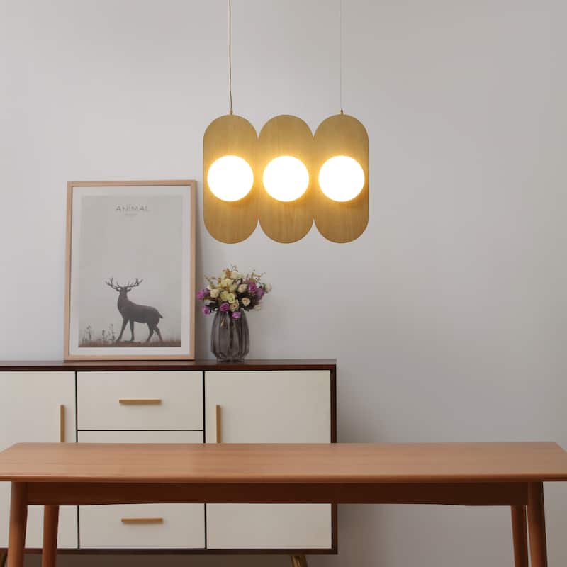VidaLite Orbita 6-Light Natural Wood, Linear Pendant Integrated LED with Frosted Glass Shade - 14" x 18"