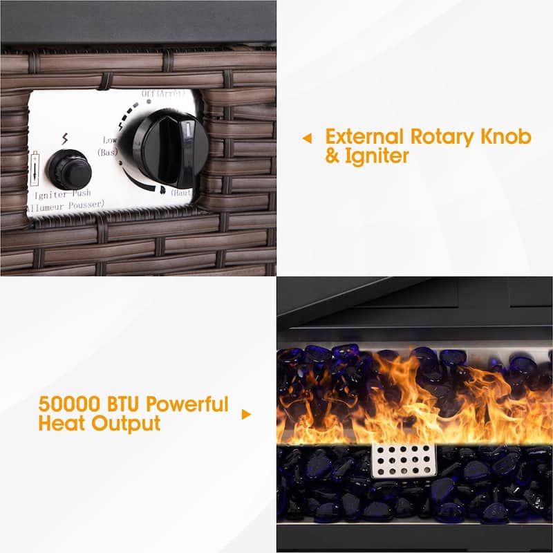 Outdoor Propane Fire Pit Table - 32/45/56 Inch, 50,000 BTU, Rattan/Black Finish, Includes Lid & Fire Glass
