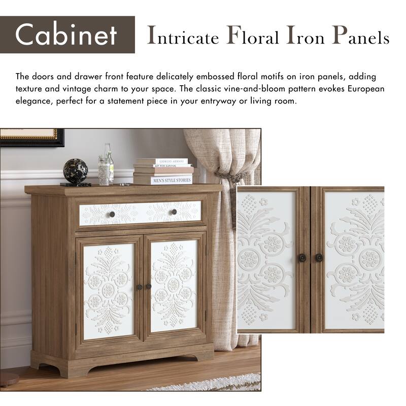 Rustic Vintage Accent Cabinet with Carved Floral Panels, Distressed Wood Sideboard with Drawer and Double Doors