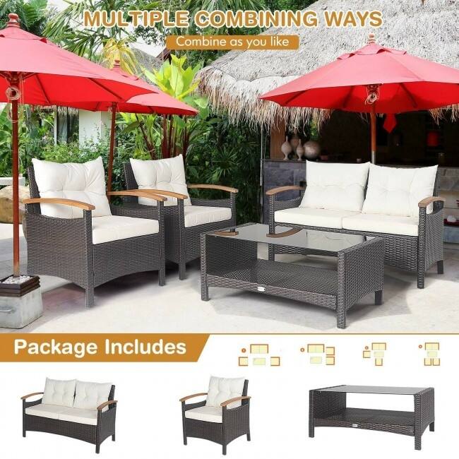 4 Pieces Patio Rattan Furniture Set with Cushioned Sofa and Storage Table - 46.5" x 23.5" x 30" (L x W x H)