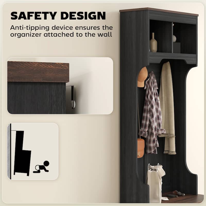 Multi-Functional Hall Tree with Bench Coat Rack Shoe Storage and Top Storage Compartments - 23.1" W x 15.7" D x 70.9" H