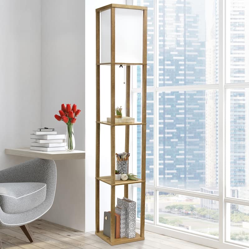 3 Tier Storage Shelf Floor Lamp with Linen Shade - 62.5" - Brown
