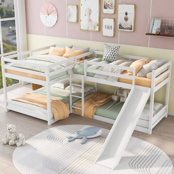slide 2 of 27, Modern Cabin Design L-Shaped Full and Twin Size Bunk Bed with Slide and Short Ladder,Sturdy Wood Frame White