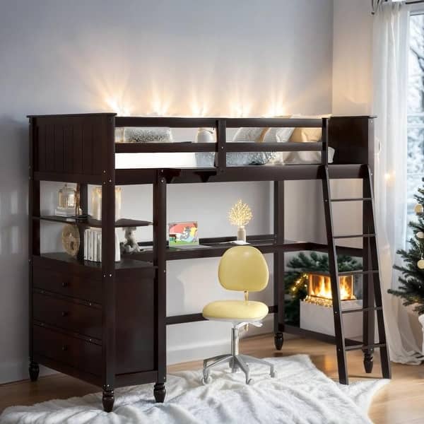 slide 2 of 50, Stylish & Simple Twin size Loft Bed with Drawers and Built-in Desk, Wooden Loft Bed with Shelves, Health and Comfort, Espresso Espresso