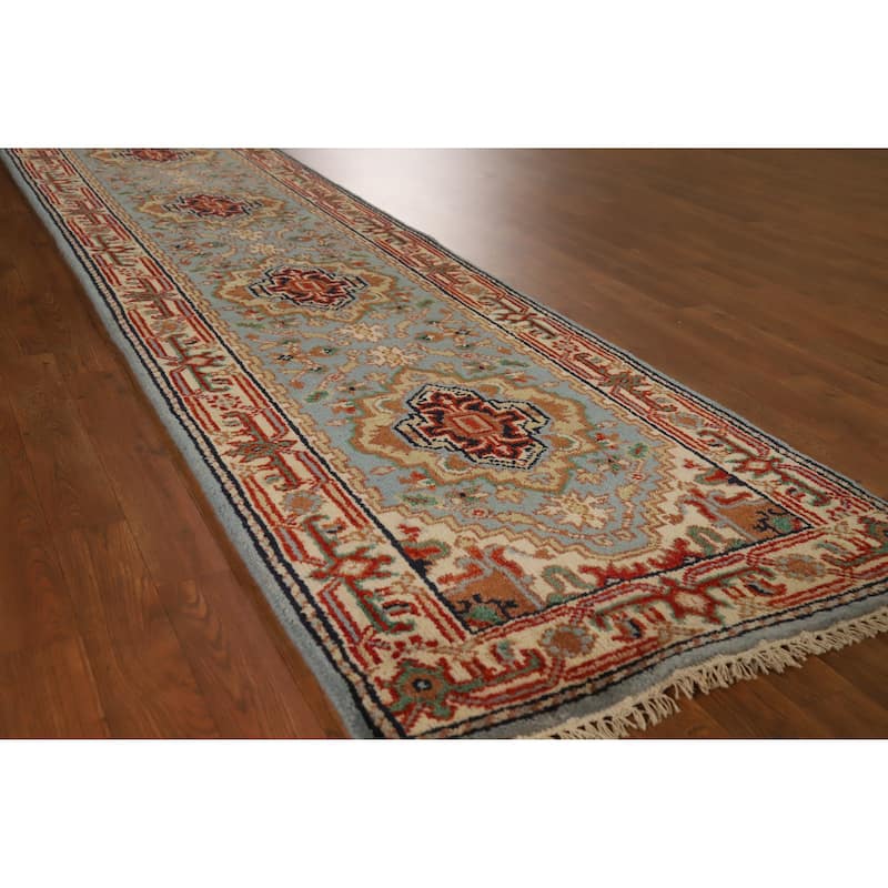 Light Blue Heriz Serapi Runner Rug Handmade Traditional Wool Carpet - 2'7" x 12'2" - Blue - 2'7" x 12'2"