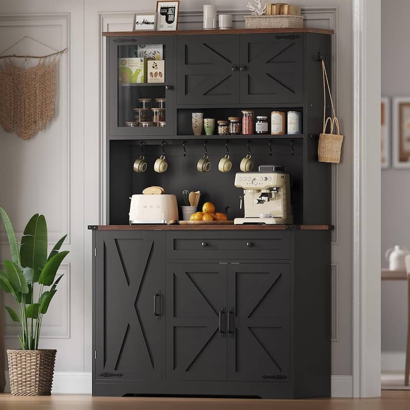 Farmhouse Kitchen Pantry Cabinet Drawer & Doors Adjustable Shelf