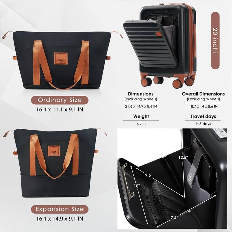 Front Opening 20-Inch Carry-On Luggage with Expandable Travel Bag Set