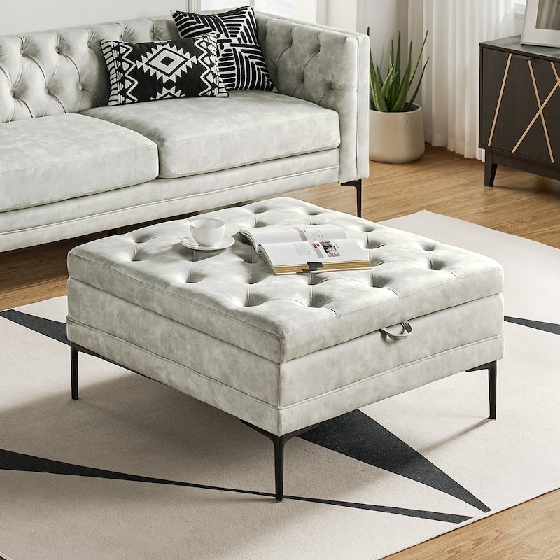 Geoffrev Transitional Lift Top Storage Button-Tufted Cocktail Ottoman by HULALA HOME