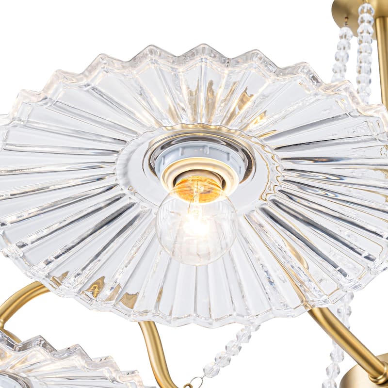 6-Light Gold Chandelier Clear Fluted Glass Shades & Crystal Accents - Dia.32.28-in