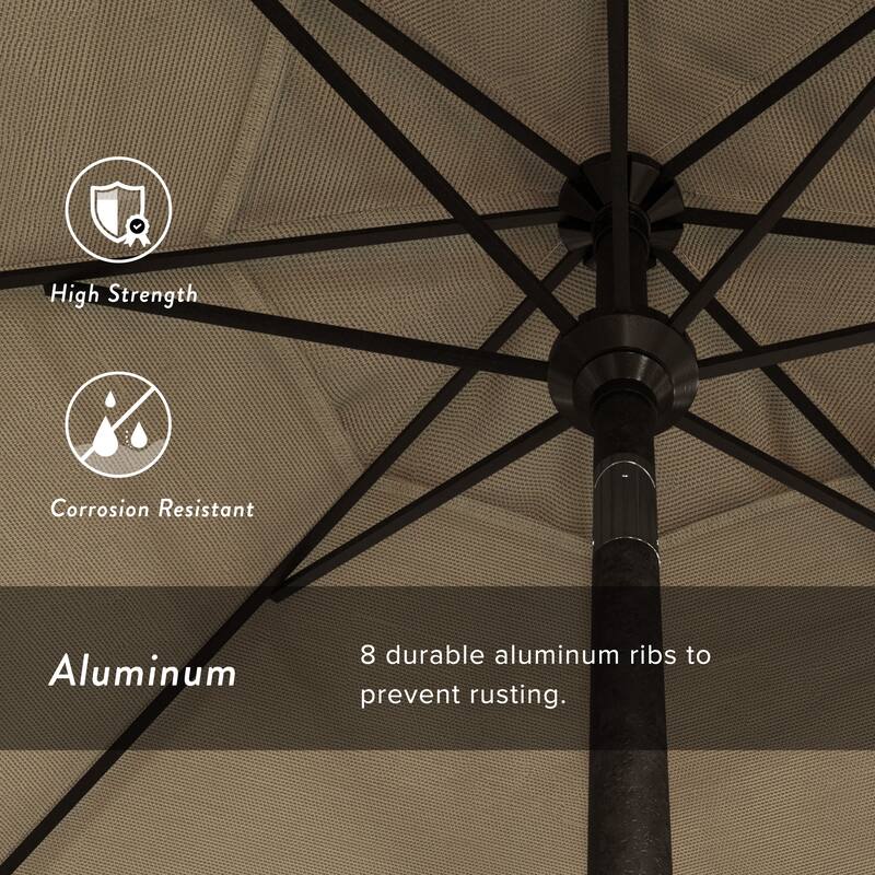 California Umbrella 9' Rd. Aluminum Market Umbrella, Deluxe Crank Lift with Collar Tilt, Bronze Frame Finish, Olefin Fabric