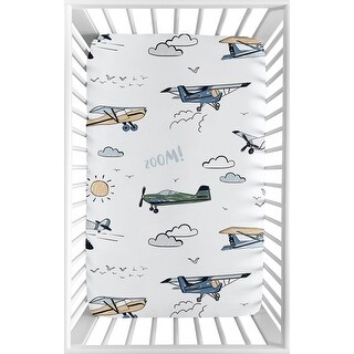 Sweet Jojo Designs Vintage Airplane Boy Fitted Mini Portable Crib Sheet Green Blue Yellow Airplanes Plane Transportation Clouds