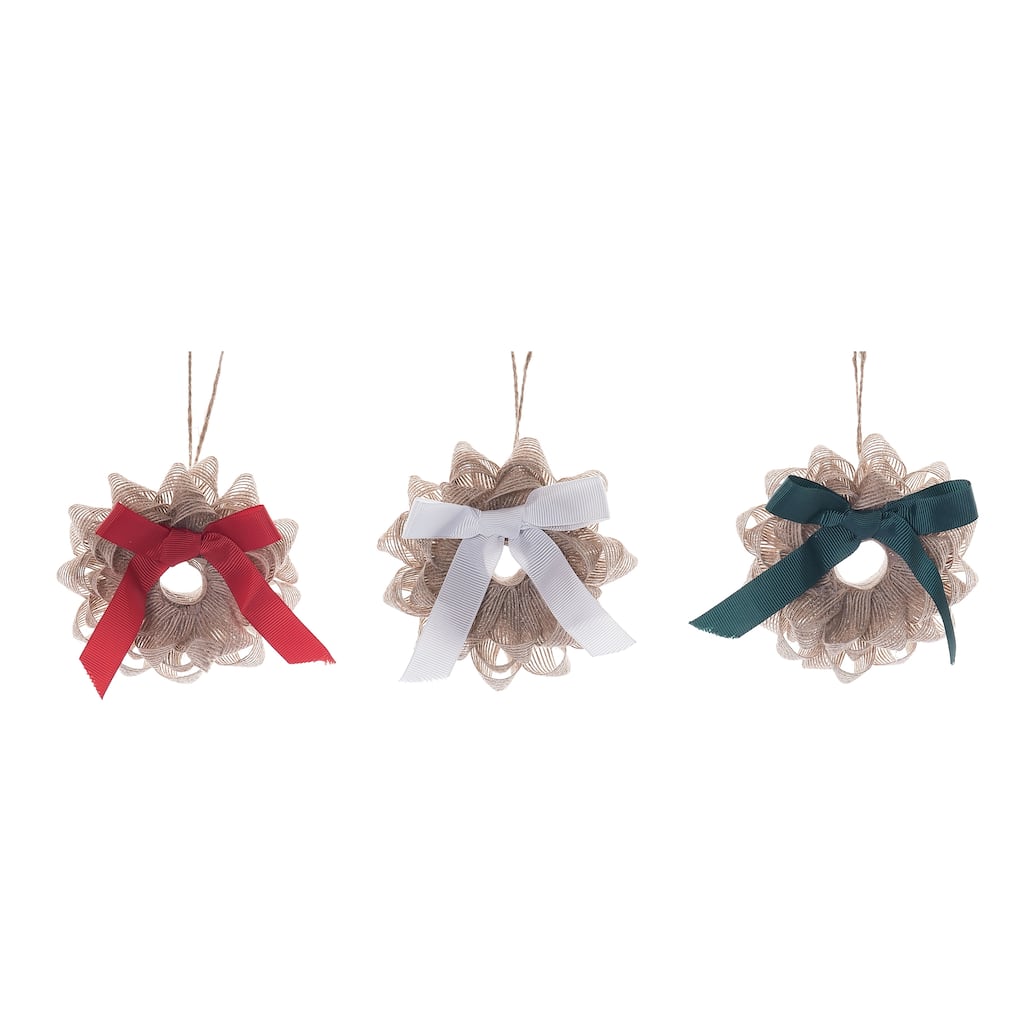 Transpac Burlap Ribbon Wreath Ornament Set of 3 Christmas Home Decorations