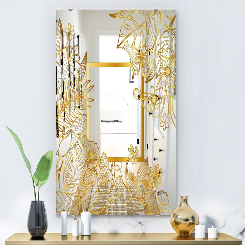 Designart 'Capital Gold Botanical Bliss 5' Glam Mirror - Modern Accent Printed Mirror - 27.5in.x47.5in.