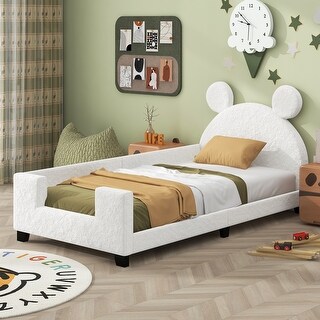 Teddy Fleece Twin Size Upholstered Daybed w/ Ears Shaped Headboard