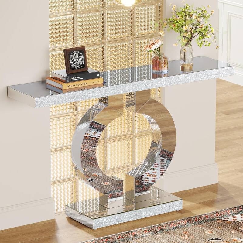 43"Modern Mirrored Console Table with O-Shaped Base, Silver Glass Entryway Table-Accent Sofa Table with Acrylic Diamond Veneer
