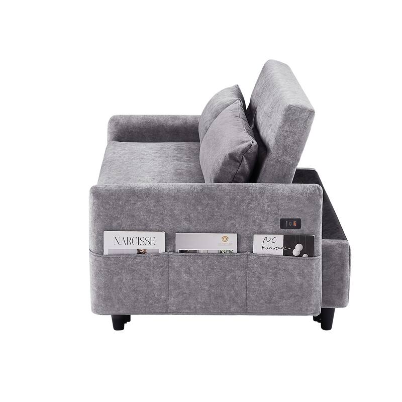 3-in-1 Pull Out Sofa Bed, Couch Bed with Adjsutable Back and Storage Pockets, 2 Seater Sofa with 2 Soft Pillows and USB Ports