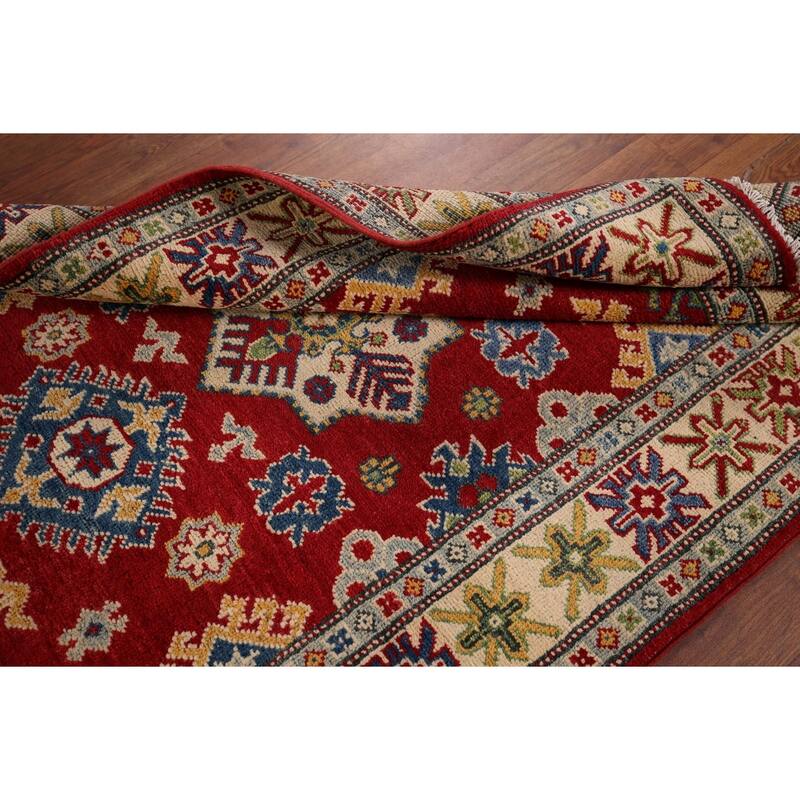 Red Traditional Geometric Kazak Accent Rug Hand-Knotted Wool Carpet - 3'1" x 5'0"