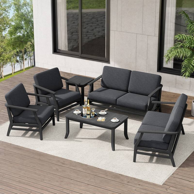 Teak Outdoor Patio Conversation Set with Cushions and Tables (6-Piece)