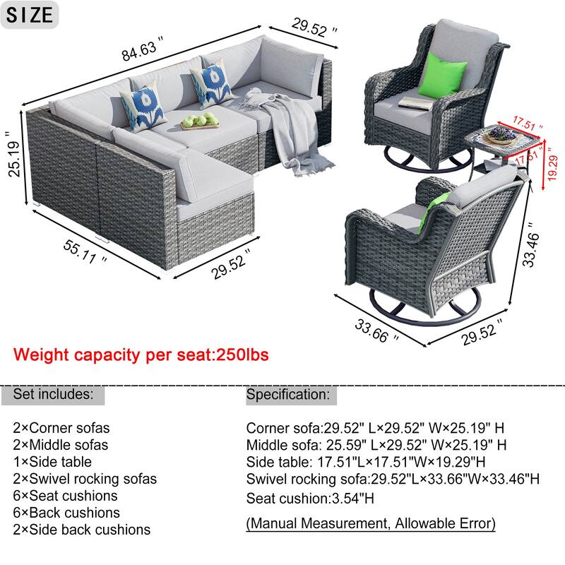 OVIOS 7-piece Rattan Wicker Patio Furniture Set Swivel Rocking Chair Set