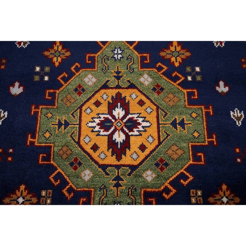 Navy Blue Geometric Kazak Oriental Area Rug Handmade Wool Carpet - 8'8" x 11'11"