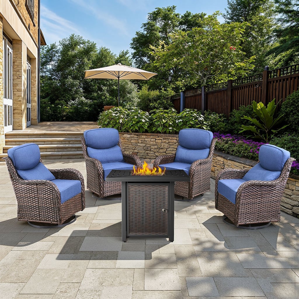 Arcadia 5-Piece Wicker Patio Set with 4 Swivel Glider Chairs and Square All-Iron Fire Pit