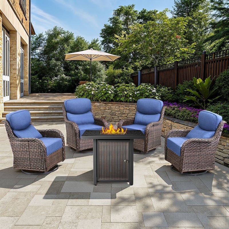 Arcadia 5-Piece Wicker Patio Set with 4 Swivel Glider Chairs and Square All-Iron Fire Pit - Navy Blue Cushions - Brown Wicker