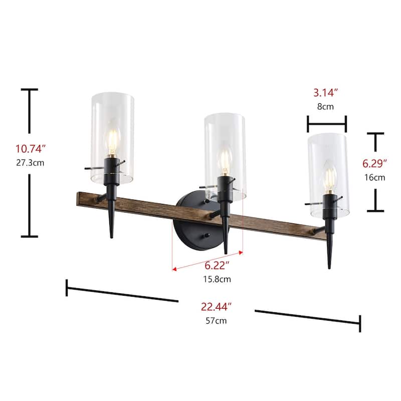 Farmhouse Black 3-Light Candle Vanity Light with Cylinder Glass Shades
