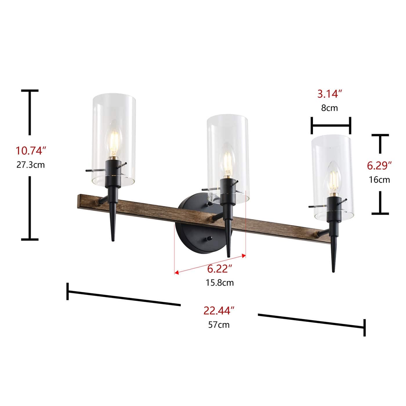 Farmhouse Black 3Light Candle Vanity Light with Cylinder Glass Shades