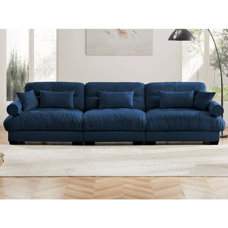 Modern Sectional Couch Comfortable Upholstered Sofa Set with Lumbar Pillow and Throw Pillow for Living Room - 3 Seats - Blue